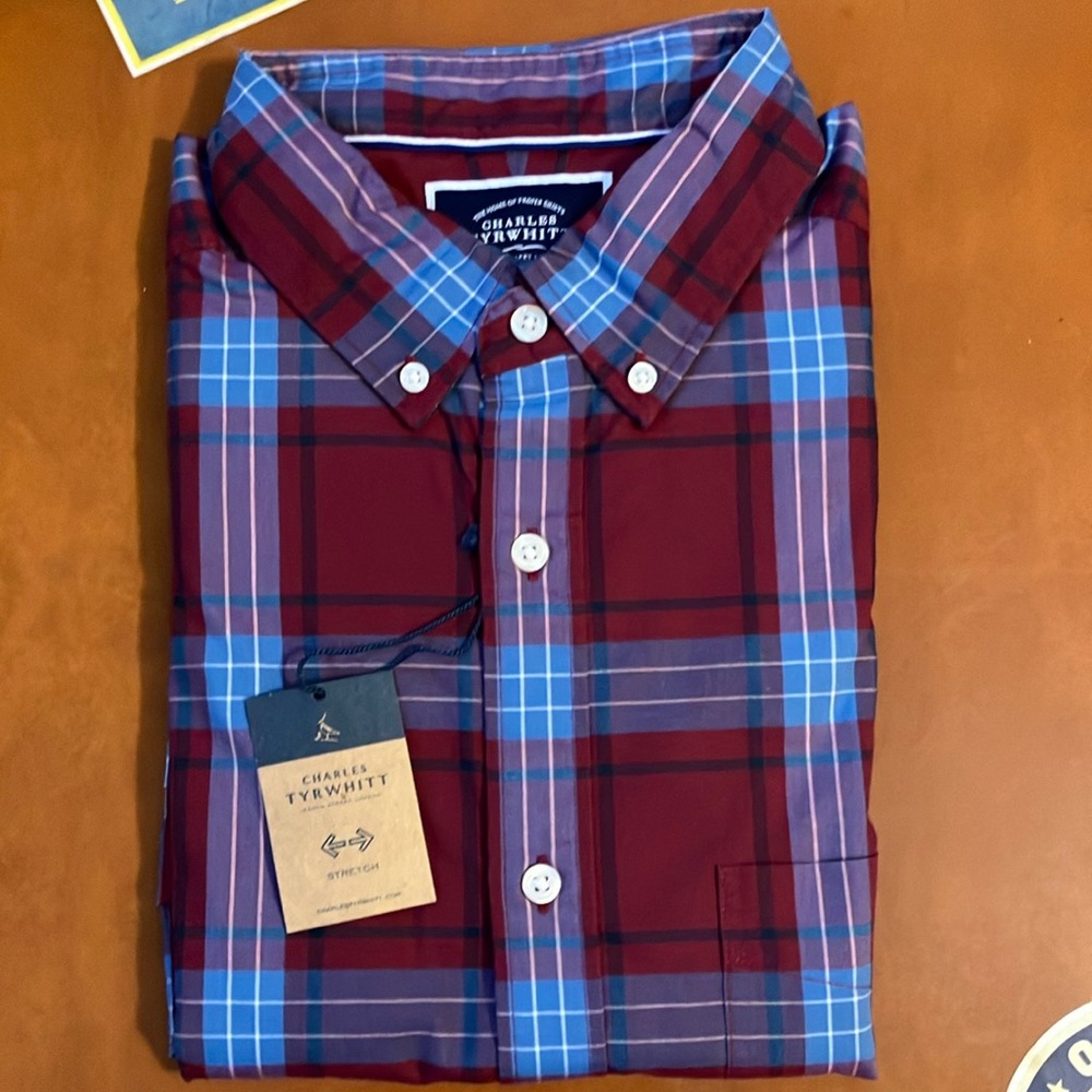 Charles Tyrwhitt Men's Red and Blue Plaid Shirt